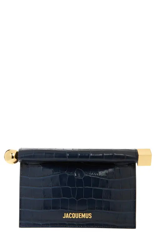 Jacquemus La Pochette Rond Carré Croc Embossed Leather Clutch in Dark Navy 390 at Nordstrom | Nordstrom