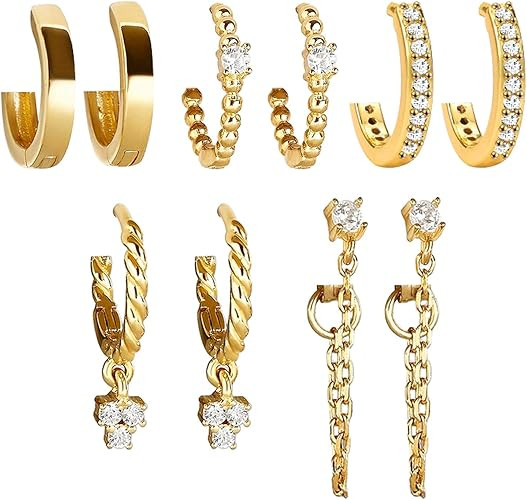 5 Pairs Gold Silver Huggies Hoop Earrings Set for Women, Small Dangle Chain Hoop Earrings Jewelry | Amazon (US)