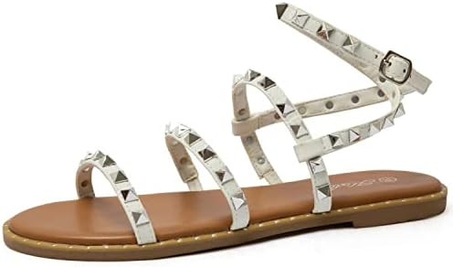katliu Women's Flat Sandals Strappy Studded Sandals Gladiator Sandals with Ankle Strap | Amazon (US)