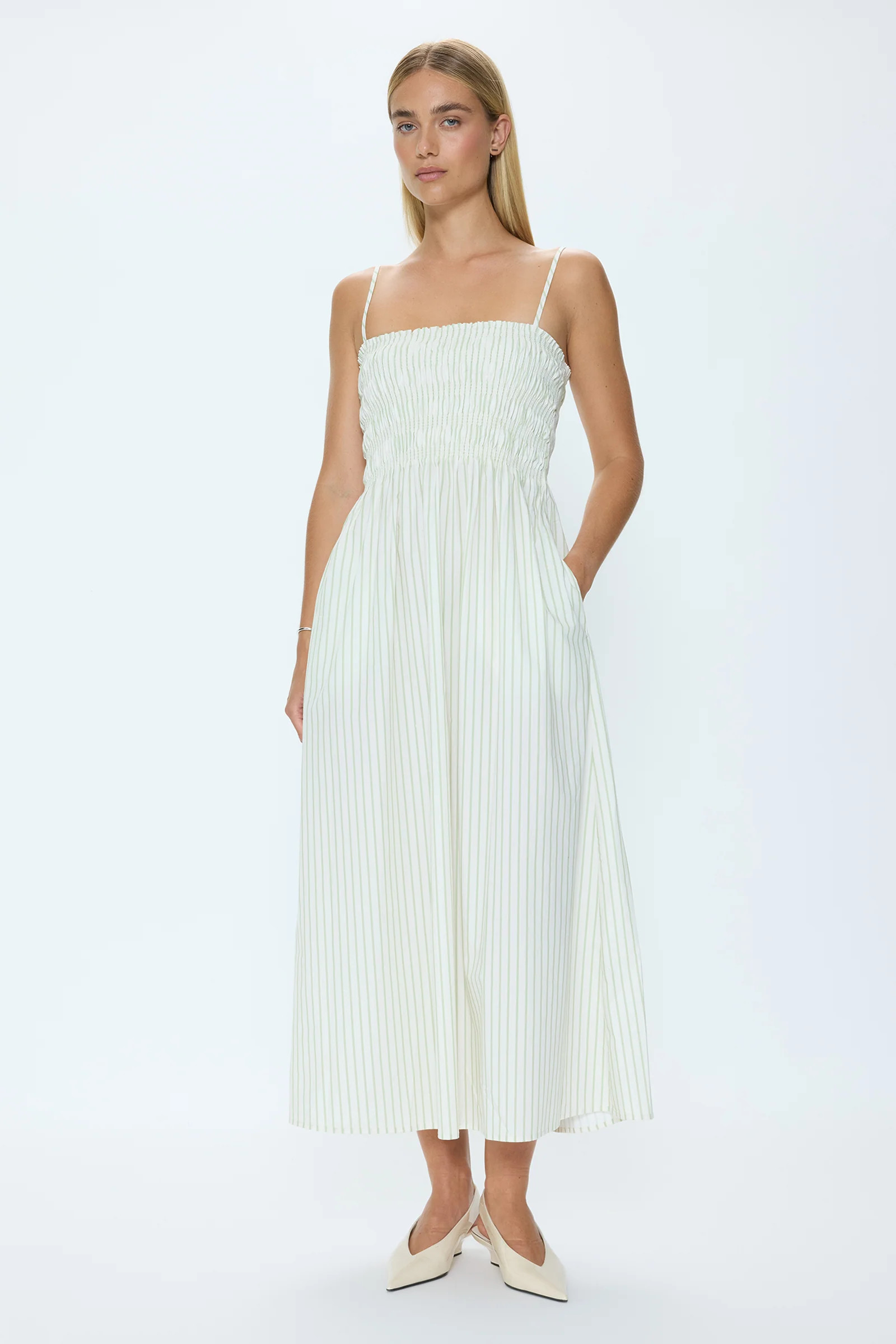 Bianca Shirred Bodice Dress - Sage Egret Stripe | Pistola Denim