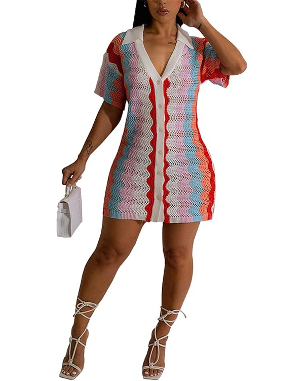 Recious Womens Sexy V-Neck Short Sleeve Knitted Hollow Gradient Button Dress Nightclub Clubwear D... | Amazon (US)