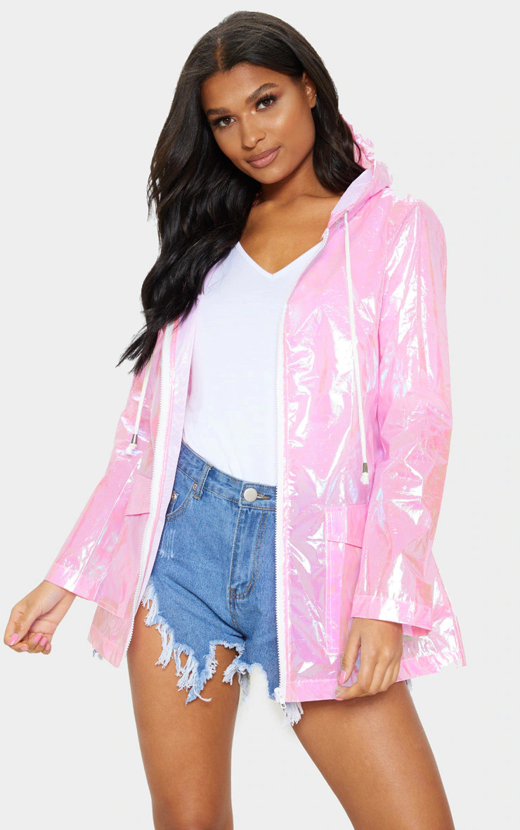 Cobie Pink Holographic Rain Mac | PrettyLittleThing US