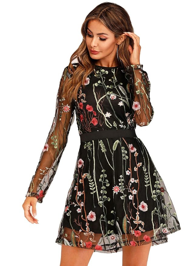 Milumia Women's Round Neck Floral Embroidered Mesh Long Sleeve Dress | Amazon (US)