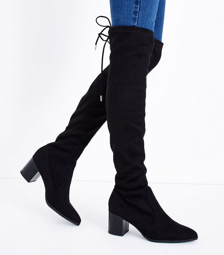 Black Suedette Pointed Toe Heeled Over Knee Boots | New Look (UK)