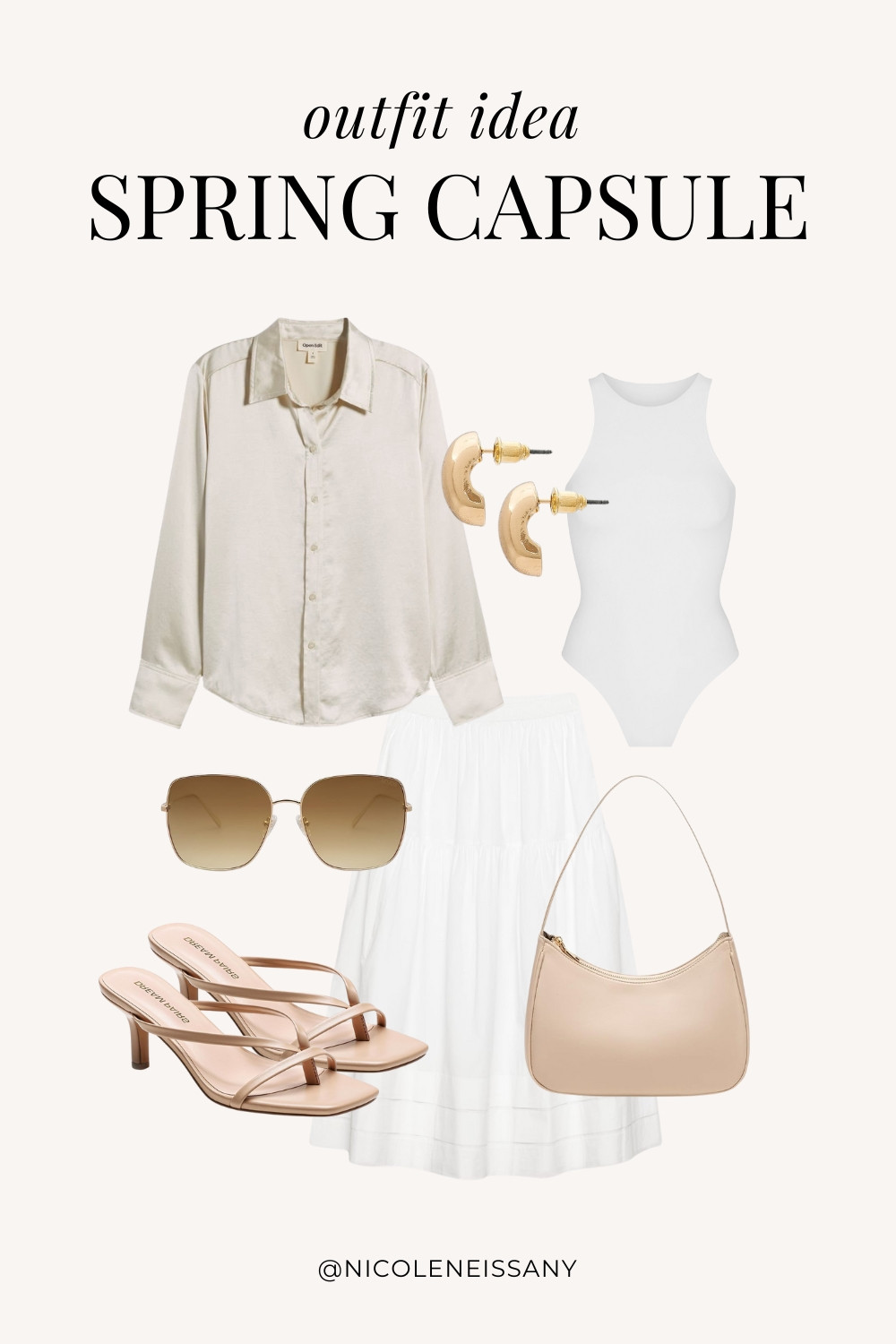 Spring outfit idea featuring my 2025 Spring Capsule Wardrobe staples | casual spring outfit, spring brunch outfit, spring date night outfit, spring date outfit, elevated casual spring outfit, spring work outfit, spring office outfit, casual spring outfit idea, spring outfits, spring shoes, 2025 spring trends, 2025 spring fashion trends, neutral capsule wardrobe, minimalist capsule wardrobe | satin blouse, satin shirt, spring tops, sleeveless bodysuit, white skirt, spring skirt, midi skirt, long skirt, strappy heels, strappy sandals, spring shoes, spring shoe trends, gold teardrop earrings 

#LTKSpring #LTKPetite #LTKTravel #LTKSaleAlert #LTKShoeCrush #LTKWorkwear #LTKFindsUnder100 #LTKStyleTip #LTKFindsUnder50 #LTKSeasonal