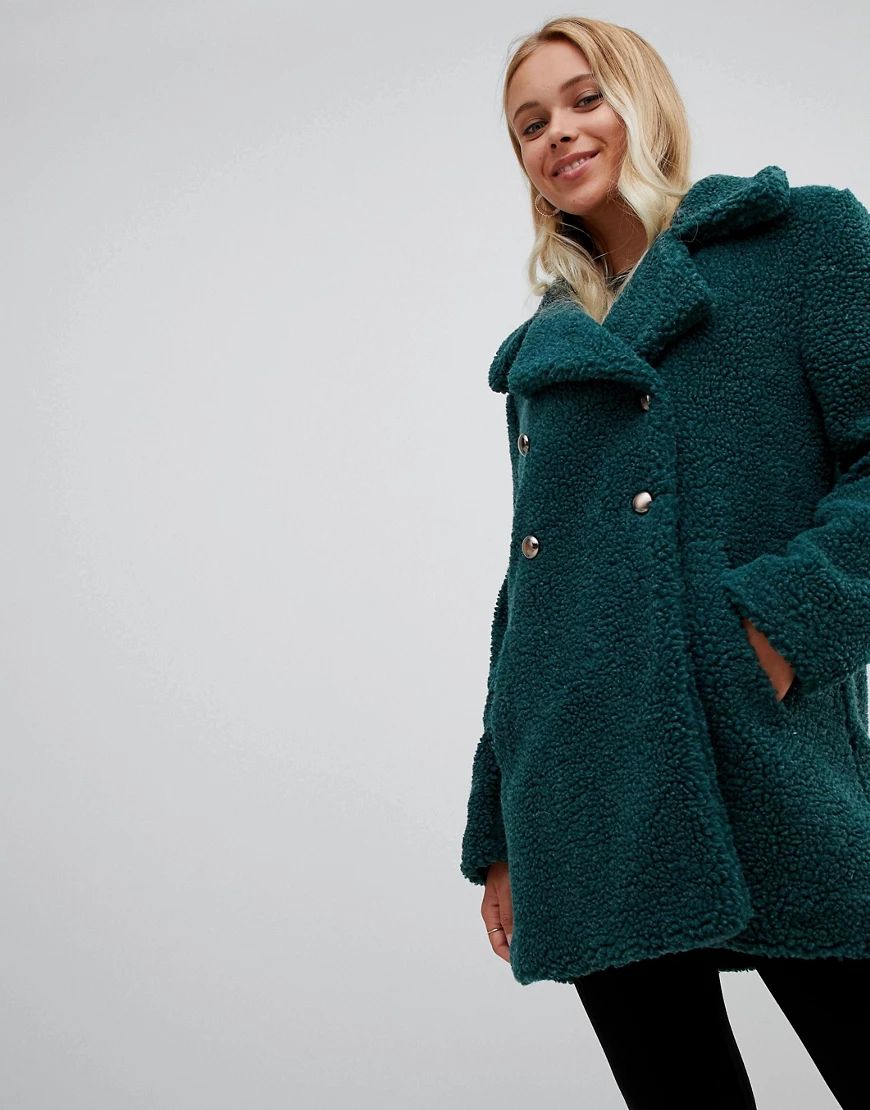 QED London double breasted maxi teddy coat-Green | ASOS (Global)