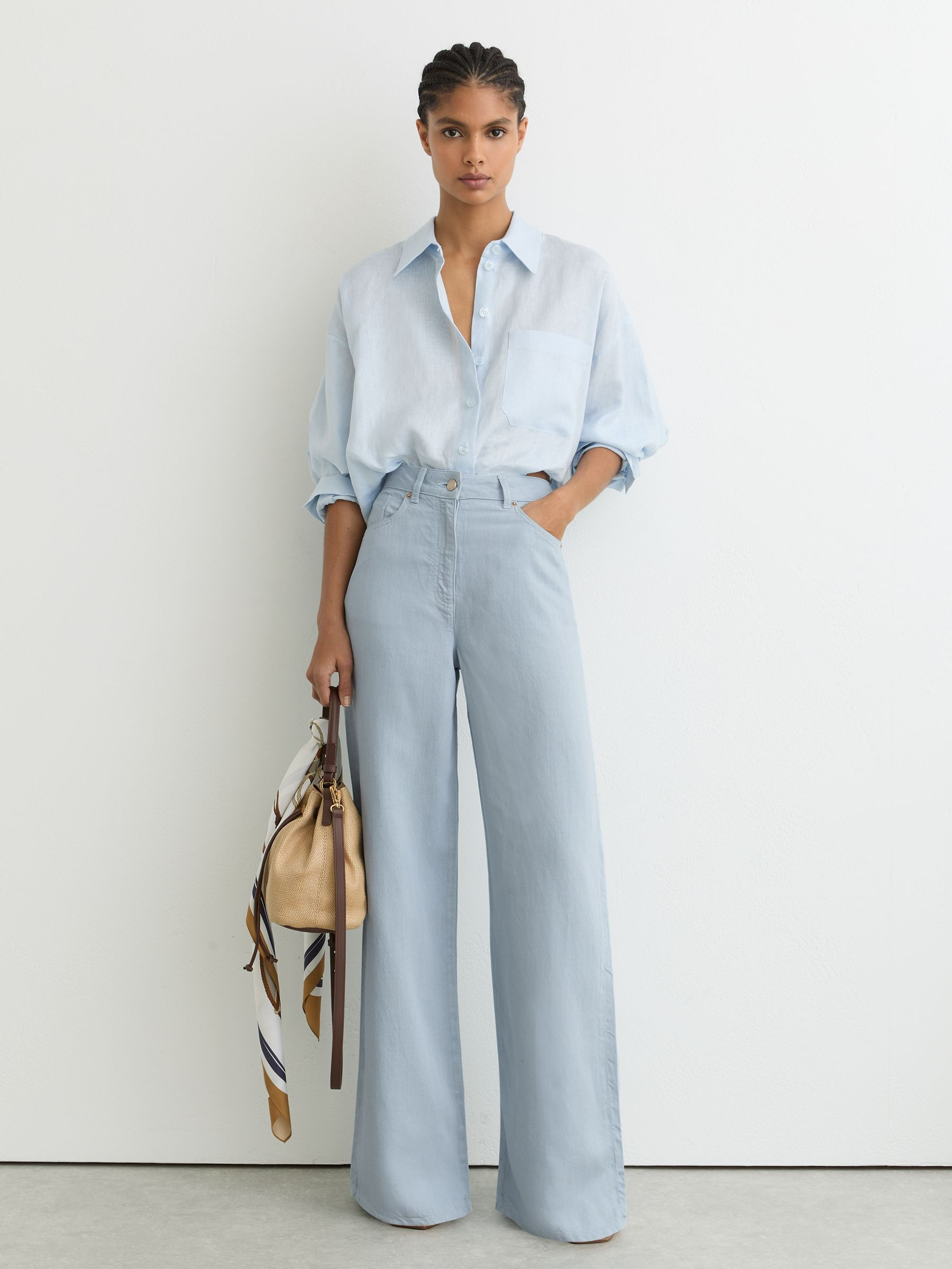 Reiss Lyocell-Linen Wide-Leg Trousers in Blue - REISS | Reiss UK