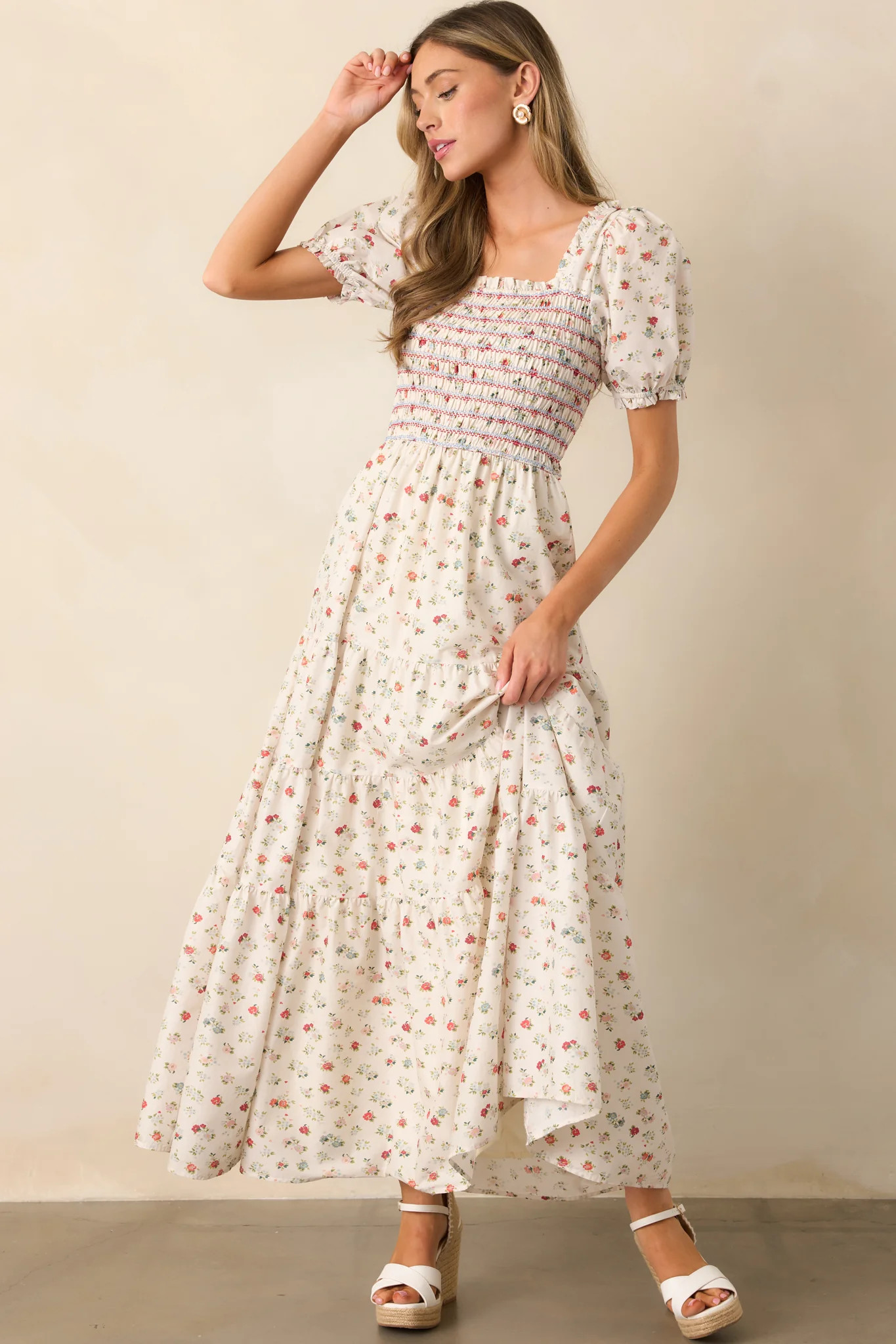 Floating Gardens Cotton Ivory Floral Puff Sleeve Maxi Dress | Red Dress