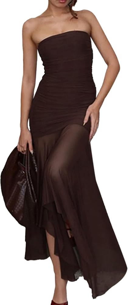Women's Sexy Strapless Mesh Maxi Dress Tube Top Midi Dresses Wedding Guest Party Cocktail | Amazon (US)