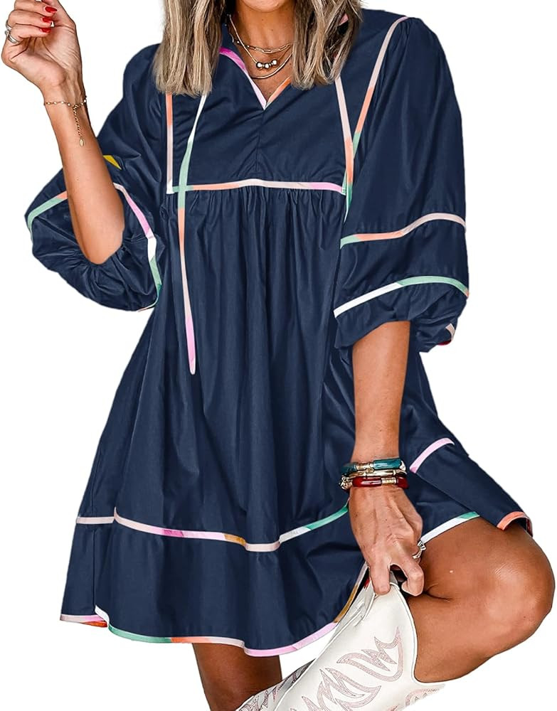 Cicy Bell Womens Babydoll Mini Dresses 3/4 Puff Sleeve V Neck Dress Casual Loose Fit Patchwork Pl... | Amazon (US)