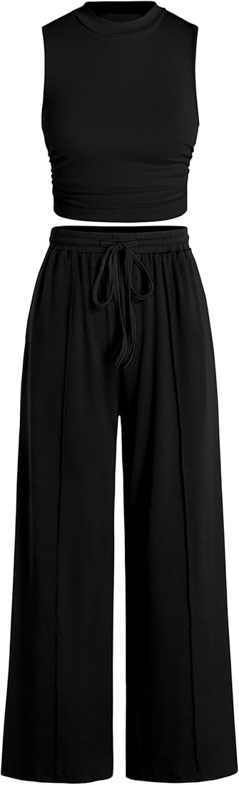 BTFBM Women Summer 2 Piece Outfits Ribbed Knit Crew Neck Sleeveless Cropped Top Elastic Waist Wid... | Amazon (US)