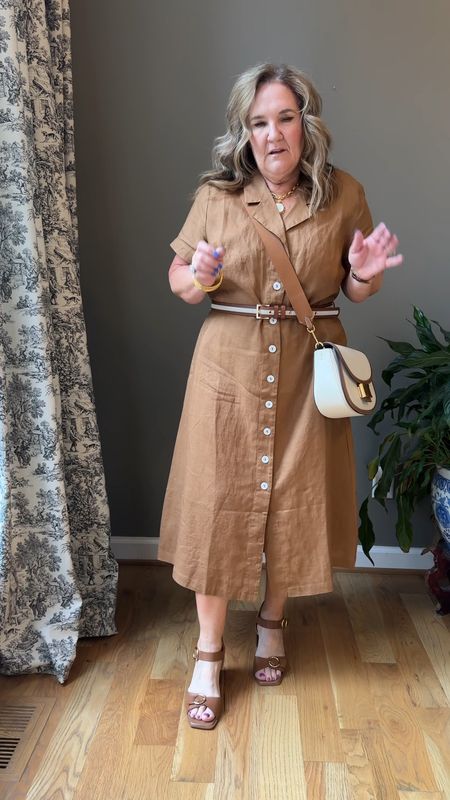 Dress size XL. Beautiful linen  dress. 

I rented bed the self tie and added my own belt. Cognac accessories add a really a richness to your look  

#LTKOver40 #LTKFindsUnder100 #LTKWorkwear