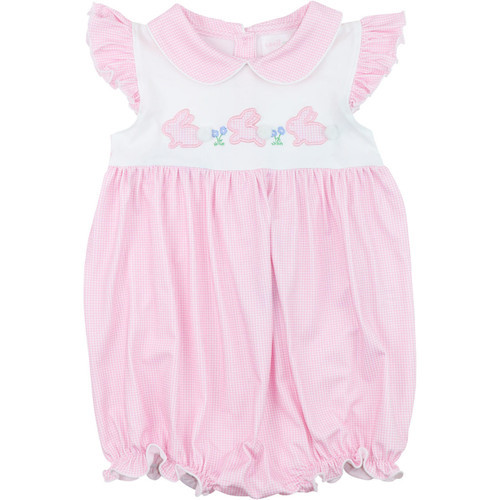 Pink Gingham Knit Applique Bunnies Bubble | Cecil and Lou