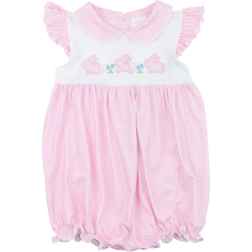 Pink Gingham Knit Applique Bunnies Bubble | Cecil and Lou
