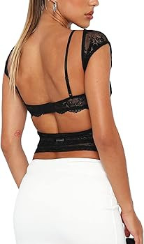 Women Y2K Backless Lace Crop Top Open Back Sheer See Through Sexy Going Out Tops | Amazon (US)