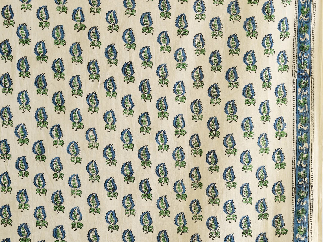 Blue and off White, Fern Green Indian Hand Block Printed 100% Pure Cotton Cloth, Fabric by the Ya... | Etsy (US)