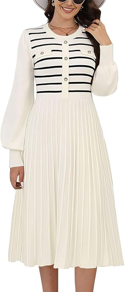 ETCYY Women's Casual Long Sleeve Midi Dress 2024 Striped Fall Sweater Dress Work Button Pleated A... | Amazon (US)