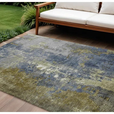 10' X 14' Khaki And Denim Blue Abstract Washable Indoor Outdoor Area Rug | Wayfair North America