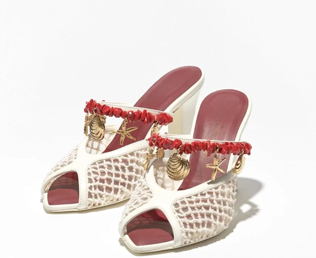 Peep Toe Block Heel Sandals Beaded Seashell Mule Heels for Women | Amazon (US)