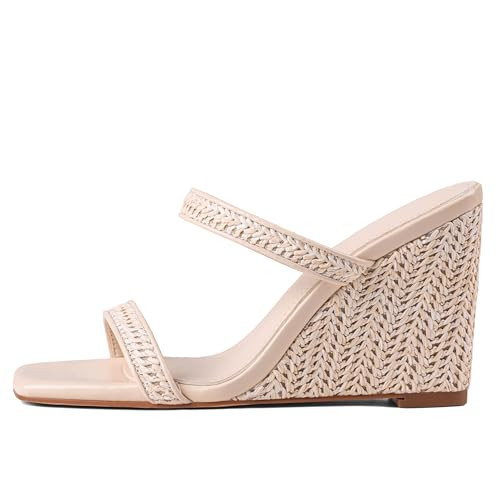 EQAUDES Slide Sandals Wedges Heels for Women - Two Strap, Beach, Square Toe, Beige, Summer Shoes, Resort | Amazon (US)