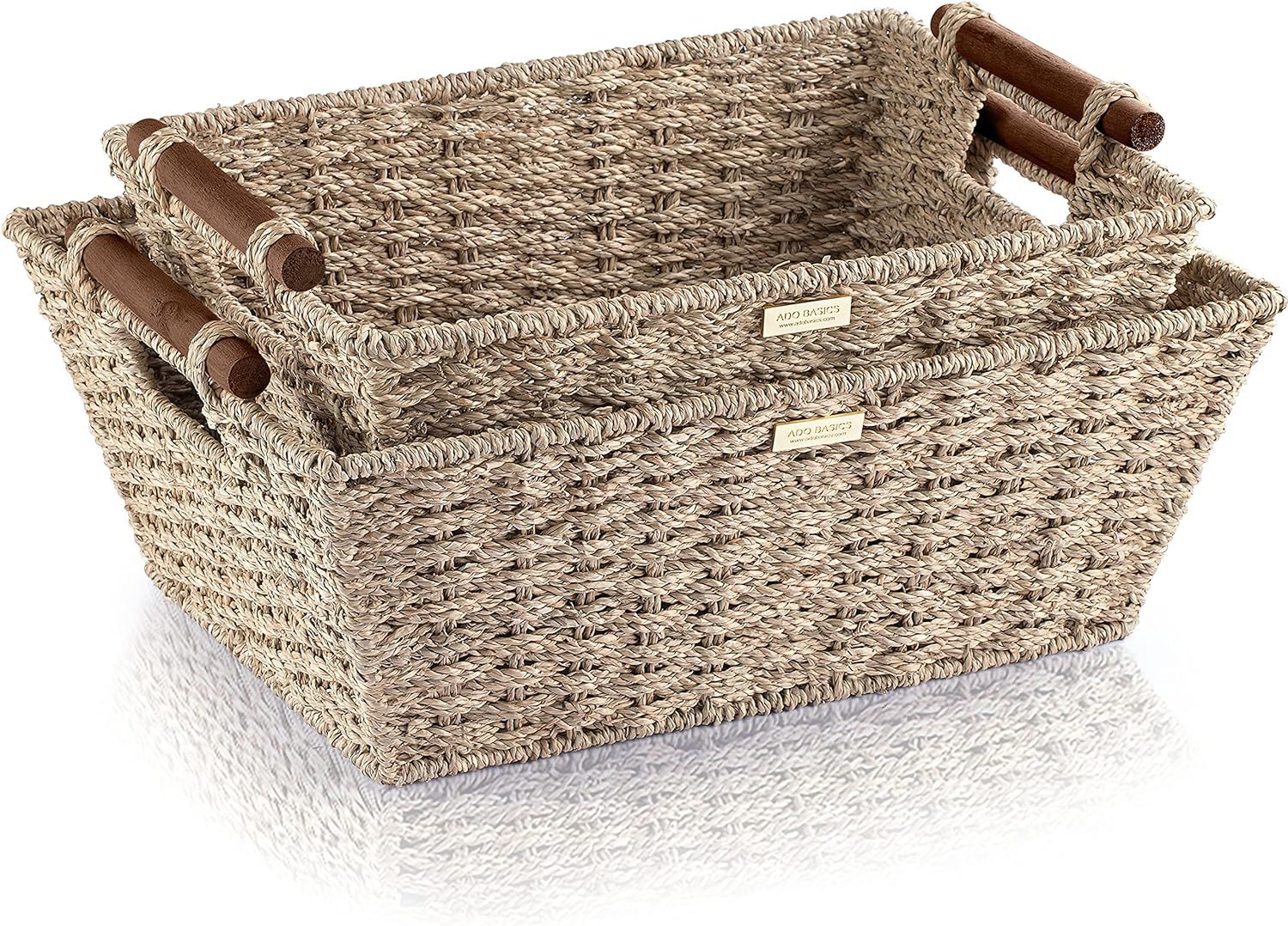 ADO Basics Jumbo Seagrass Storage Basket with Stain Resistant Wooden Handles, 17"x13"x6.3" and 15... | Amazon (US)