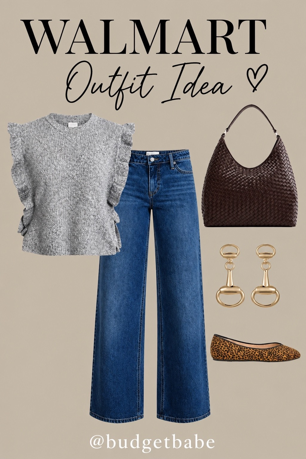 Walmart fall outfit idea with this grey ruffle sweater vest, wide leg jeans, leopard flats and woven bag. #walmartfashion

#LTKOver40