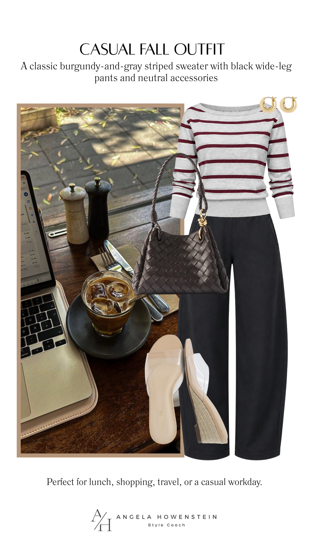 This is such an easy fall outfit formula! A classic burgundy-and-gray striped sweater with black wide-leg pants and neutral accessories feels polished, comfortable, and perfect for lunch, shopping, travel, or a casual workday.

👩‍💻 LTK PRO TIPS
❤️ Heart = Support my posts ;-)
🔖 Save = Get sale & restock alerts for the things you love!
📋 Lists = Keep favorites organized (List ideas: Christmas, Birthdays, and Vacations!)
📲 Share = Send lists and products to a friend (or your daughters like me).
💬 Comment = Ask me anything, and I’ll answer. ;-) 

 #LTKootd #LTKSeasonal #LTKOver40