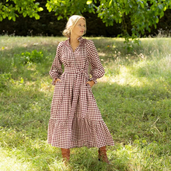 Colette Dress Mulled Wine Gingham Brushed Cotton with Spiced Cinnamon Hand Smocking | Smock London Ltd