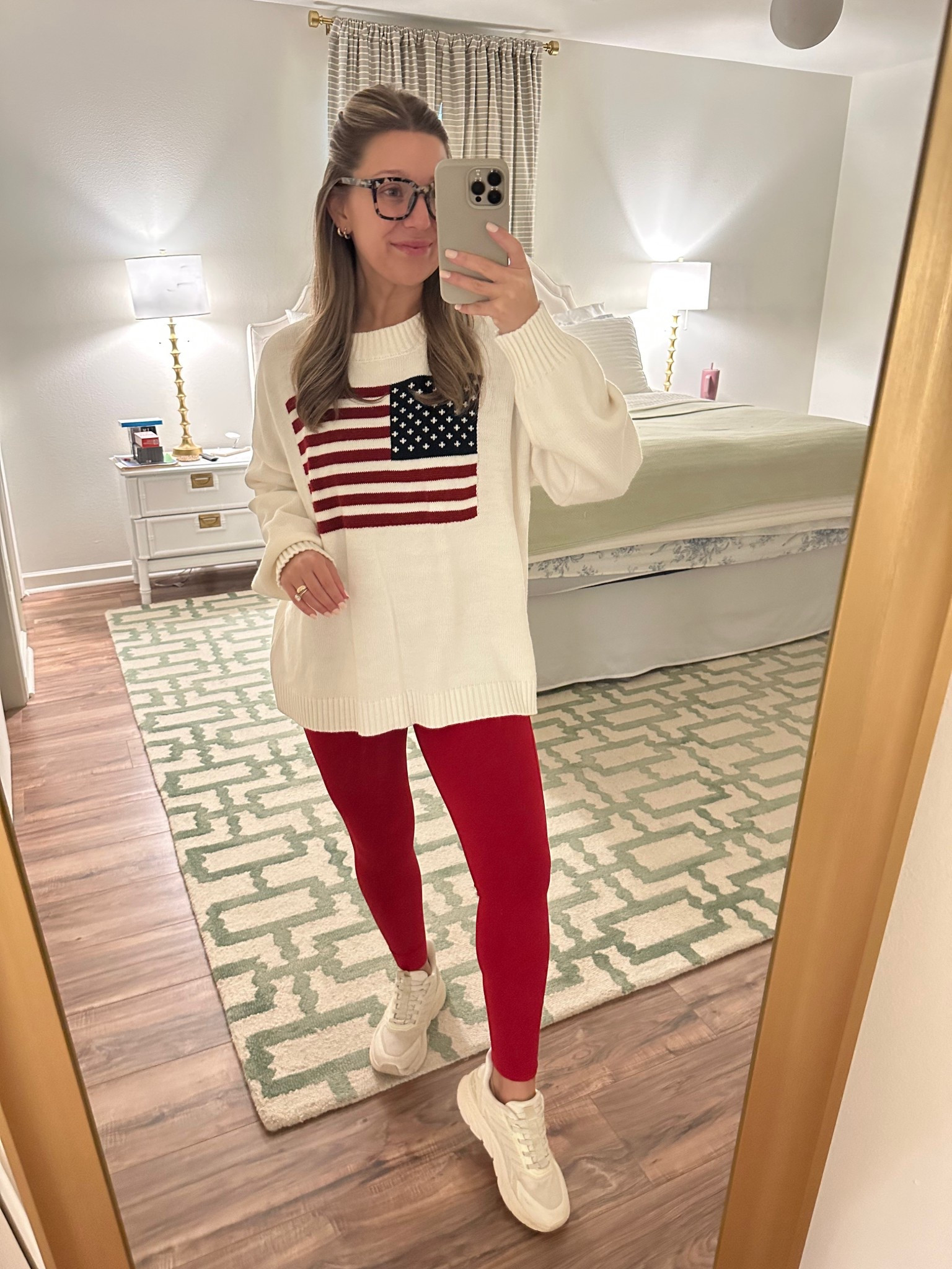 Cute / casual / comfy everyday fit 🫶🏻

• This sweater is from TikTok shop but I linked the exact replica! I’m in the size medium and it runs very generous. I love this sweater for everyday wear or seasonal events! Perfect for Memorial Day or the Fourth of July! 🇺🇸 
• Leggings are Lululemon - I’m in the 4
• Shoes are NEW from Amazon! The brand is ALLSWIFIT and they are comparable to Hokas! So comfy! Size down half a size, they run bigger. 
• My favorite blue light glasses are Peepers, they have so many affordable options & colorways!

Every day wear, patriotic, preppy, grandmillenial, blue light glasses, red white blue, lulu, lululemon, running shoes, training shoes, tennis shoes, lifestyle, lifestyle wear, lifestyle shoes, American flag

