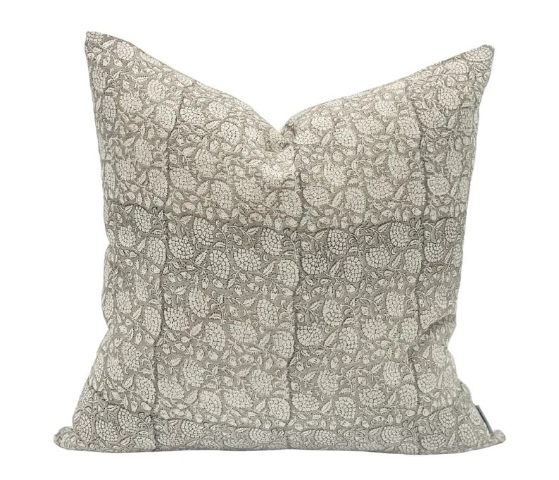 Designer Floral Soft Grey on Natural Linen Pillow Cover Grey | Etsy | Etsy (US)