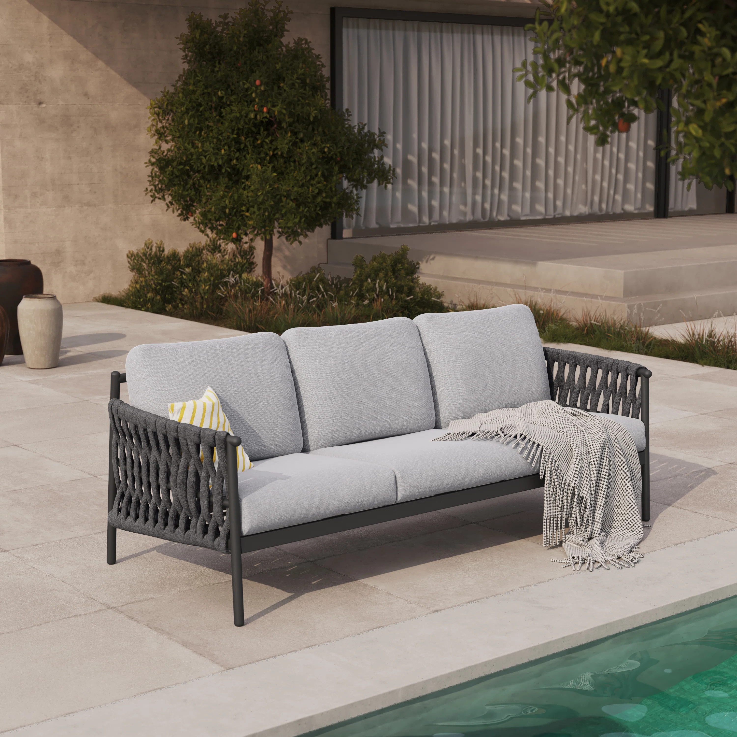 Arlend Outdoo 3-Person Sofa With Jumbo Rope And Thick Cushion | Wayfair North America