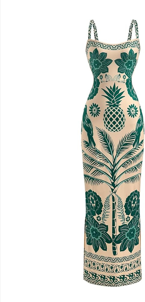 Women's Tropical Print Tie Backless Maxi Dress Square Neck Split Hem Boho Vacation Dresses | Amazon (US)