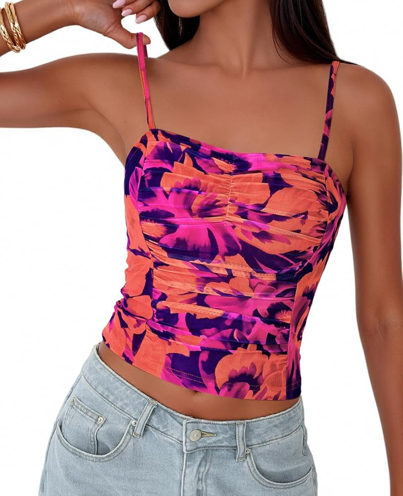 PRETTYGARDEN Womens Floral Spaghetti Strap Tank Tops Square Neck Sleeveless Ruched Mesh Bodycon S... | Amazon (US)