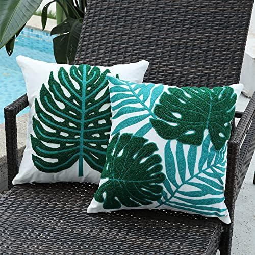 Embroidery Decorative Throw Pillow Covers 18x18 Inch,Tropical Leaves Plant Cavans Cushion Cases f... | Amazon (US)