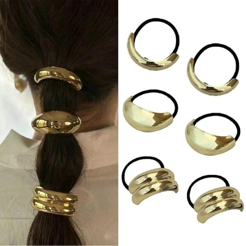 papasgix 6 PCS Metal Hair Tie, Gold Hair Ties, Gold Hair Cuff, Ponytail Hair Cuff, Gold Ponytail Cuff Silver Metal Hair Ties Hair Elastic Hair Ties for Women Gold Hair Accessories (Set 05) | Amazon (US)