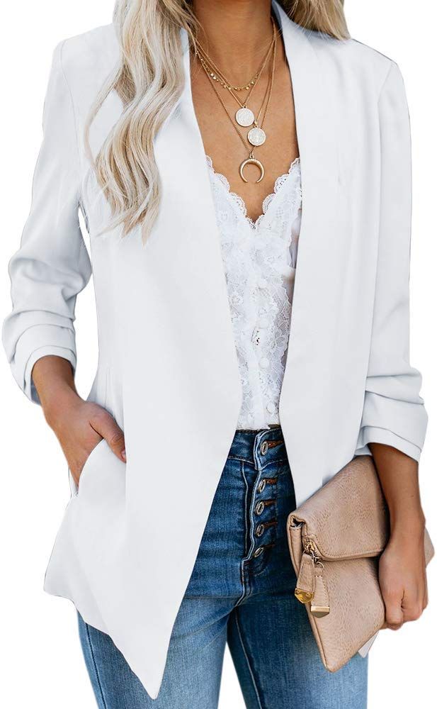 Womens Casual Blazer Ruched 3/4 Sleeve Open Front Relax Fit Office Lightweight Cardigan Jacket Bl... | Amazon (US)