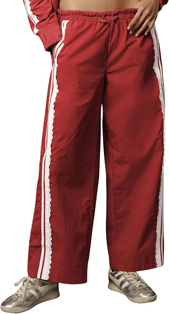 Women Baggy Track Pants Lace Side Stripe Drawstring Elastic Waist Wide Leg Parachute Pants with P... | Amazon (US)