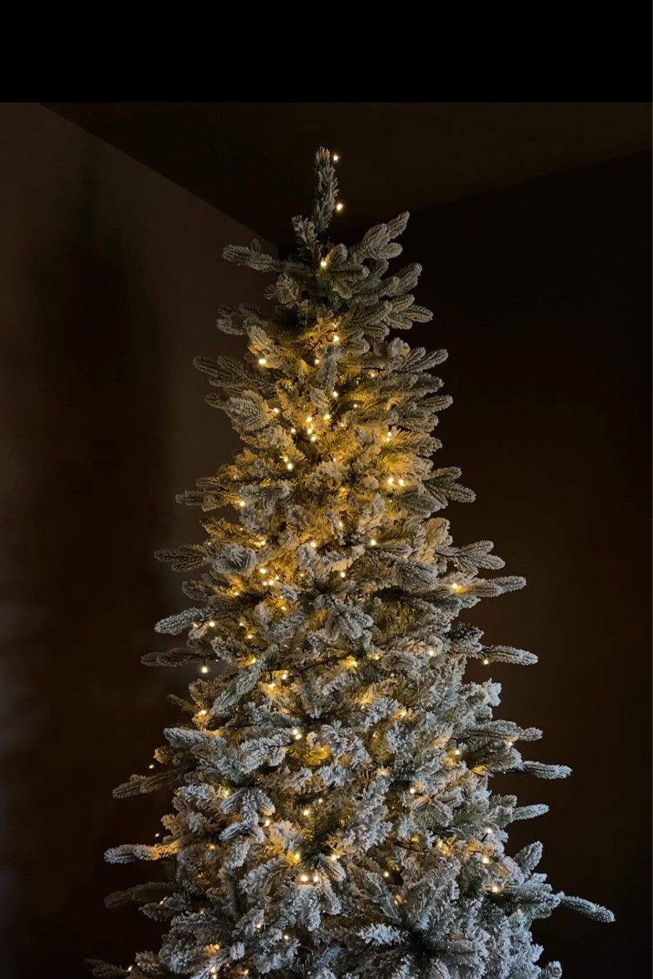 This beautiful flocked Christmas tree is from King of Christmas. It’s their 7 1/2 foot slim queen. I didn’t get them on pre-lit with flights, but you can order it with lights, if you want. I’ll link the lights that I used.