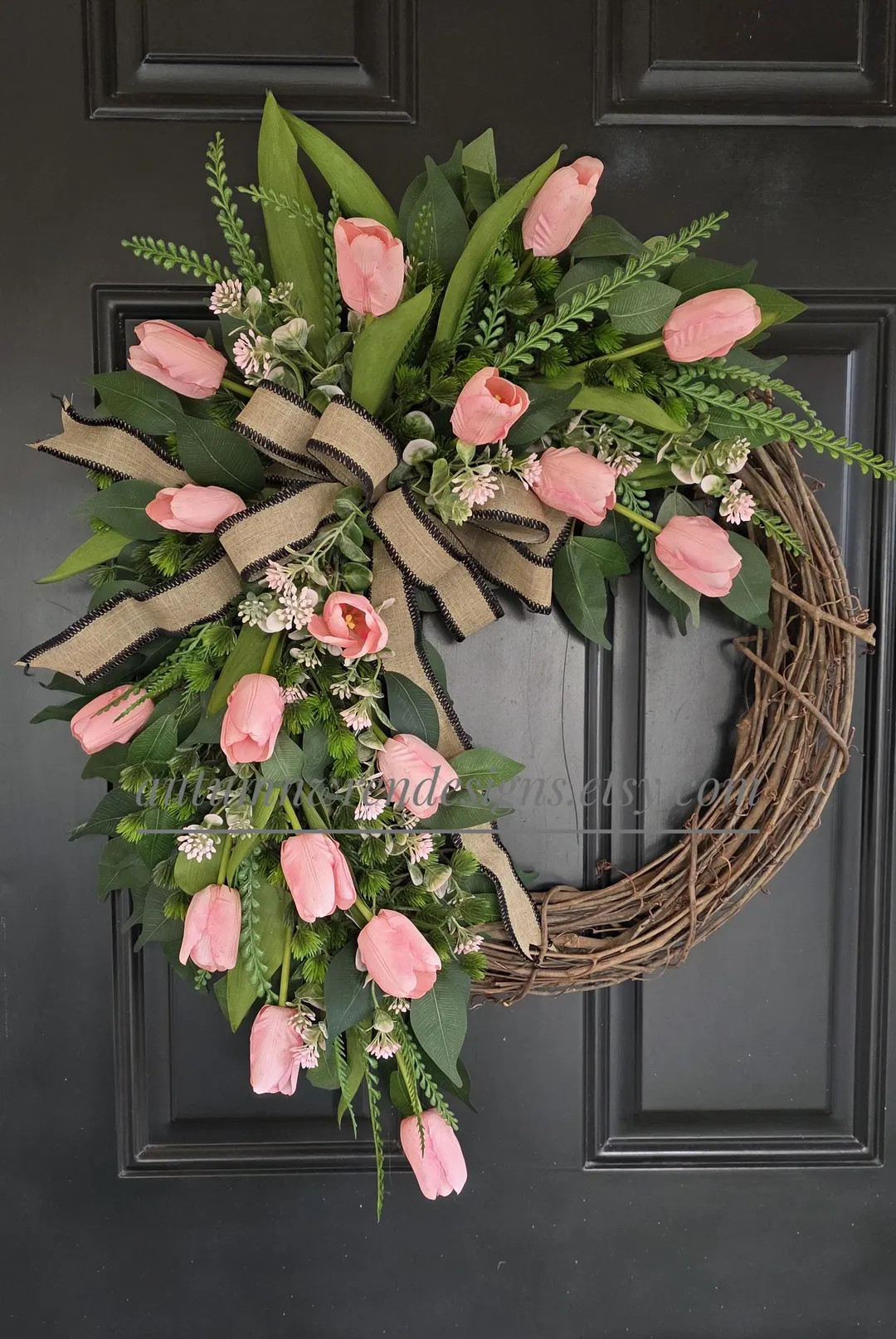 Pink Tulip Spring Wreath, eucalyptus, Black Bow, White bow, Front Door Easter Decor | Etsy (US)