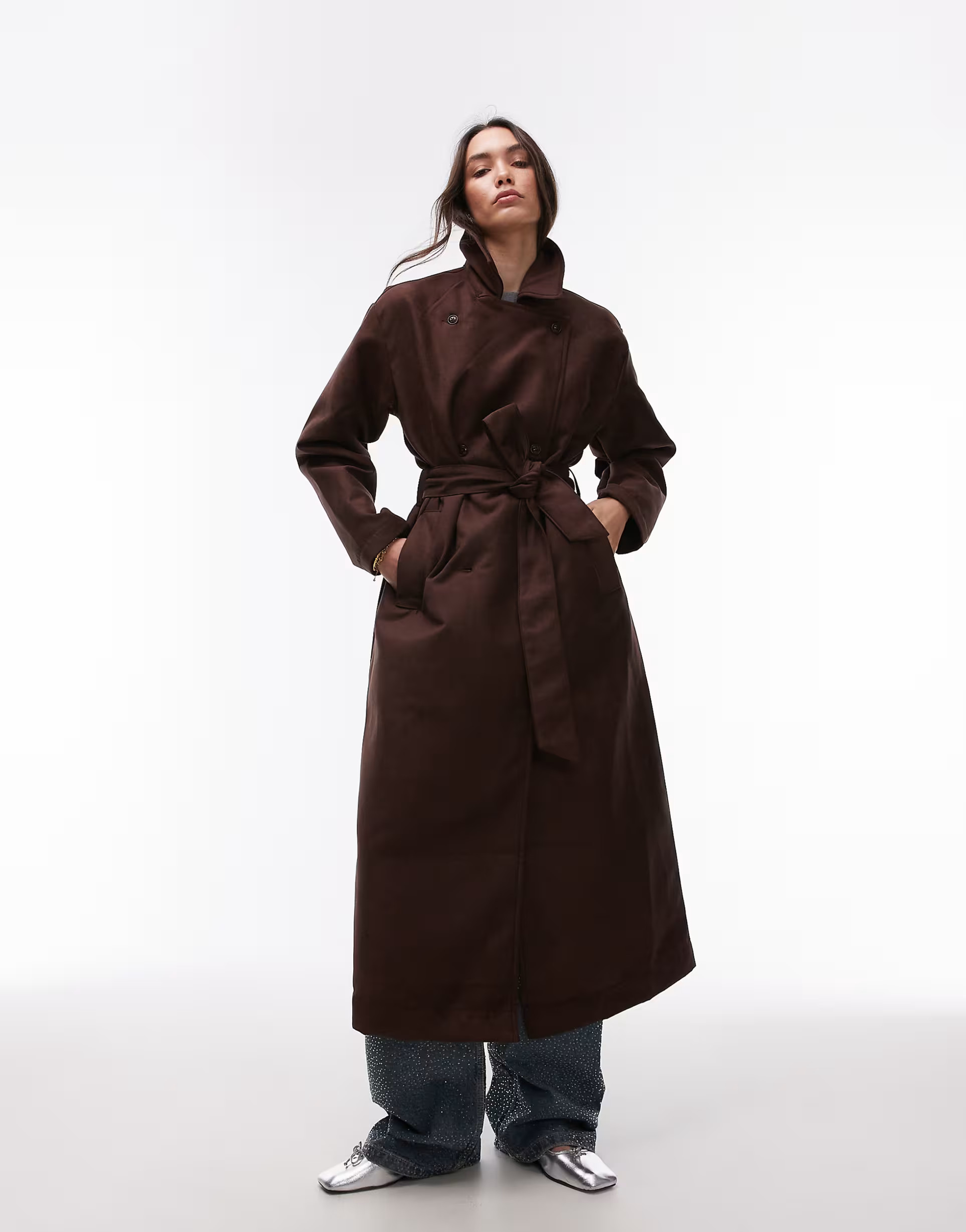 Topshop faux suede oversized trench coat in chocolate brown | ASOS (Global)