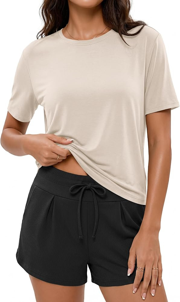 ODODOS Modal Soft Short Sleeve Shirts for Women Crew Neck Yoga Tee Casual Workout Tops | Amazon (US)