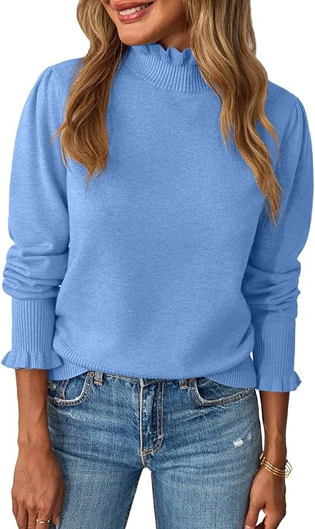 Saodimallsu Womens Ruffle Mock Neck Sweater Puff Long Sleeve Fall Soft Knit Casual Pullover Sweat... | Amazon (US)