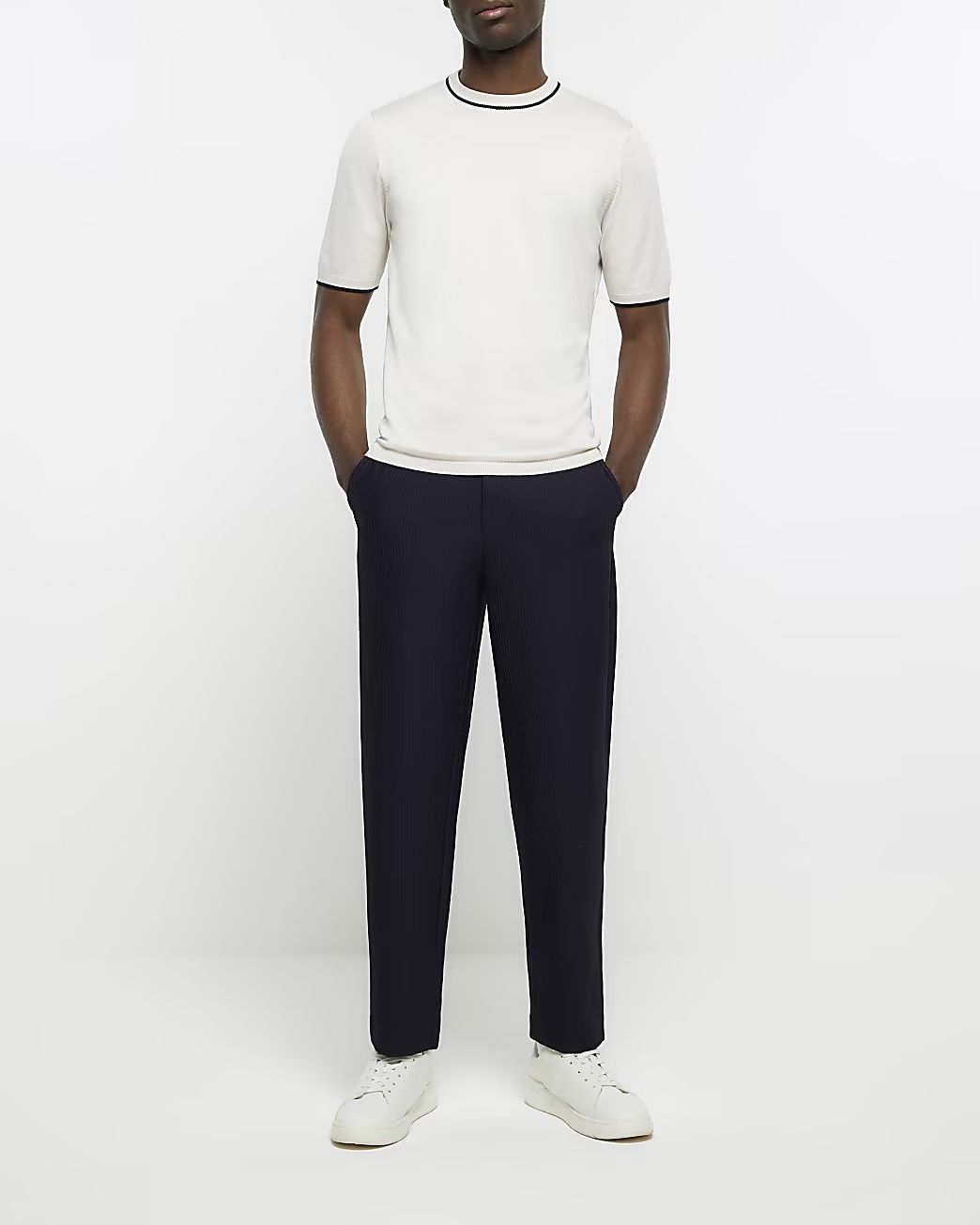 Navy tapered fit plisse smart trousers | River Island (UK & IE)