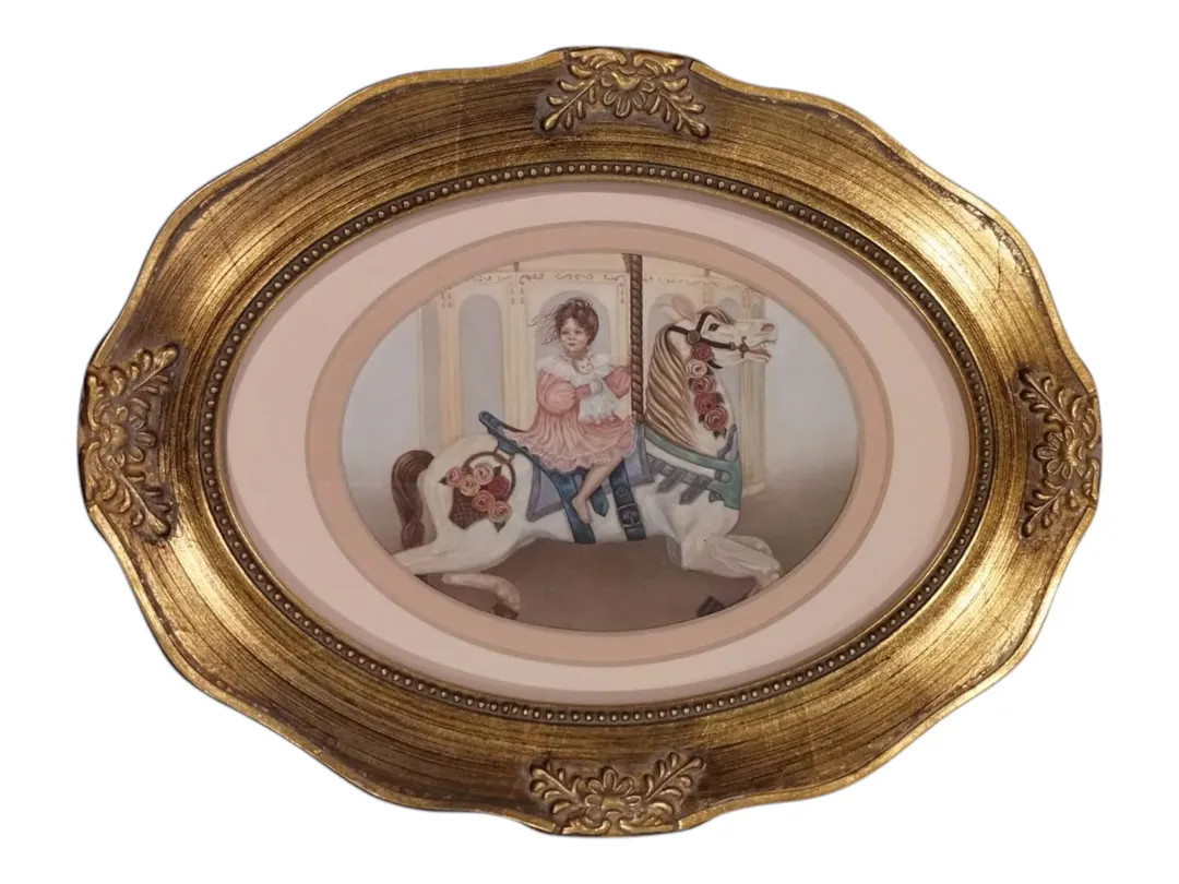 Vintage Girl on Carousel Framed Print, by Artist Ann Taylor, Gold Tone Wood Frame, Pink Mats - Et... | Etsy (US)