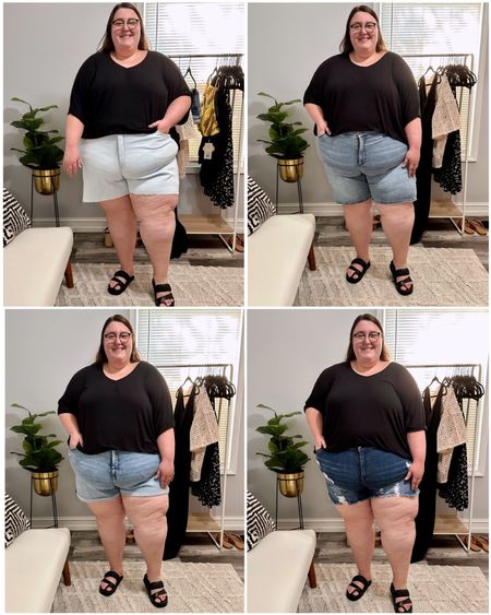 Plus Size Denim Shorts Haul! Finding denim shorts can be so difficult, but I was determined to find some that were comfy and cute for any occasion this summer! I'm wearing a super soft top from maurices in a size 4X and a pair of Sam and Libby sandals with each pair of shorts. Shorts 1 (top left) — these are Light Wash High-Rise Bermuda Jean Shorts from Ava & Viv at Target. I sized up to a 30 in these because I have found Target denim to be a bit hit or miss. These are loose in the leg but fit perfectly in the waist on me. They have some stretch to them too - they are available in size 16-30. Shorts 2 (top right) — these are the New Wave Blue Bae Denim Shorts from Universal Standard! I got them in a size 28 and they are SO comfy. They are lightweight and have some nice stretch. I also love they have such a great size range from 00-40! Shorts 3 (bottom left) — these are the Medium Wash High-Rise Denim Shorts from Ava & Viv from Target. I sized up to a 30 in these as well for the same reasons and they fit great! I love that these are cuffed and have some stretch - also available in size 16-30! Shorts 4 (bottom right) — these are the famous Medium Wash Distressed Denim Shorts from Eloquii! I'm wearing these in a size 28 and they fit perfectly! I have had these shorts in different sizes and washes in the past and they are always so amazing. They are available in sizes 14-32!

#LTKcurves #LTKstyletip #LTKSeasonal