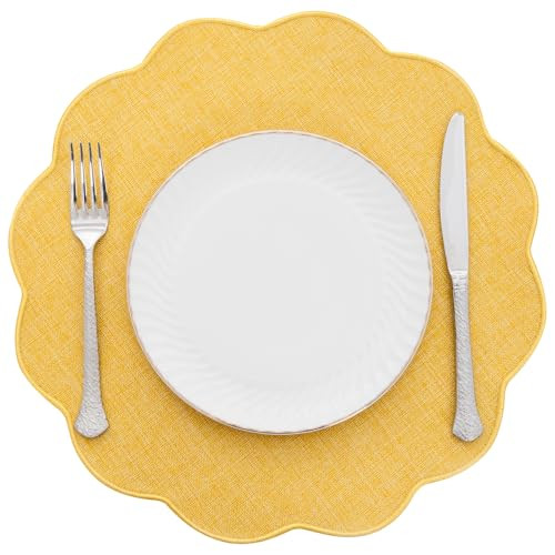 SHACOS Scalloped Round Placemats Set of 6 Polyester Linen Blend 15 inch Washable Non Slip Place Mats Easy Clean Heat Resistant Table Mats for Kitchen Dining Table Decor, Yellow | Amazon (US)