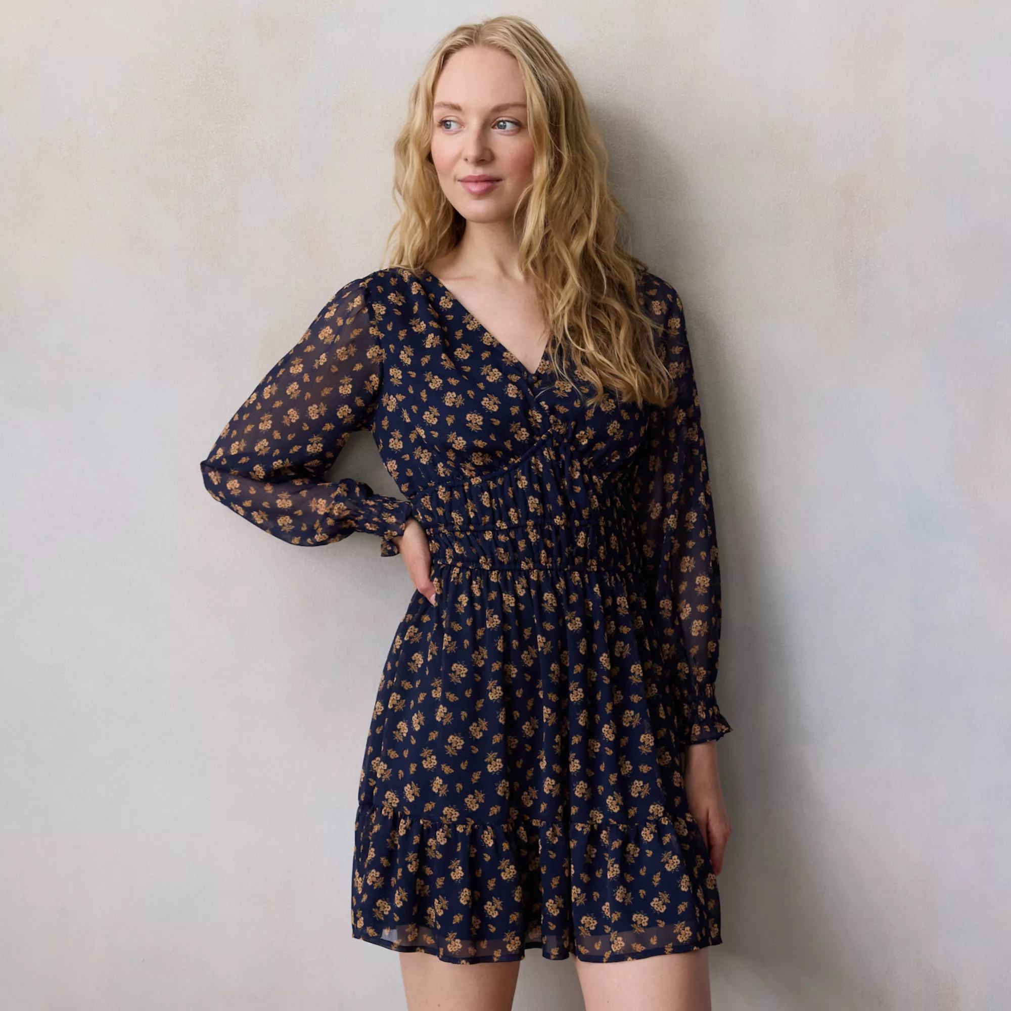 Women's LC Lauren Conrad Shirred Bodice V-Neck Mini Dress | Kohl's