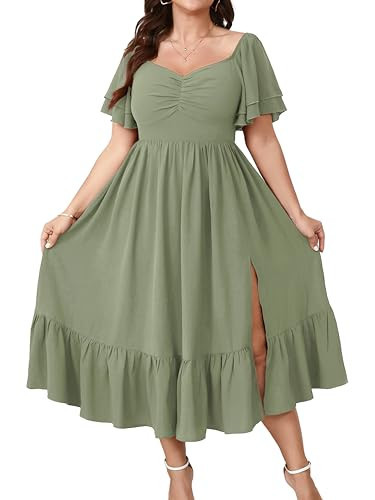 SCOMCHIC Womens Plus Size Wedding Guest Cocktail Dresses Sweetheart Neckline Short Sleeve Smocked Ruffle Slit Maxi Dress Green | Amazon (US)