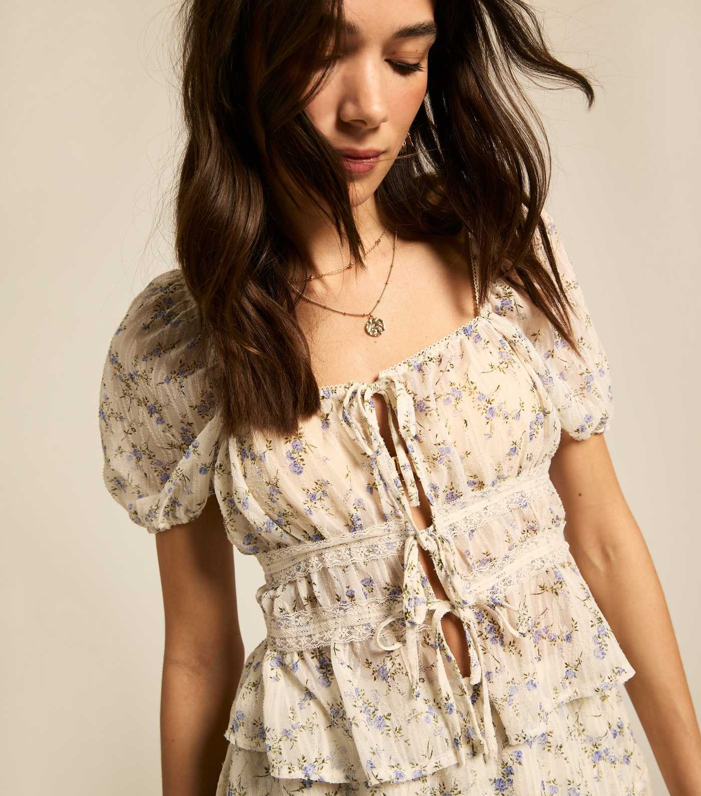 Cream Floral Print Lace Trimmed Tie Front Top | New Look | New Look (UK)