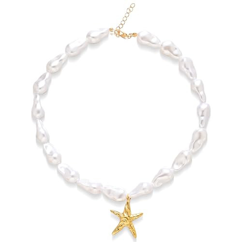 Gold Starfish Necklace for Women Chunky Baroque Pearl Shell Pendant Necklace Big Pearl Seashell starfish Necklaces Summer Jewelry Gifts for Women (Starfish) | Amazon (US)